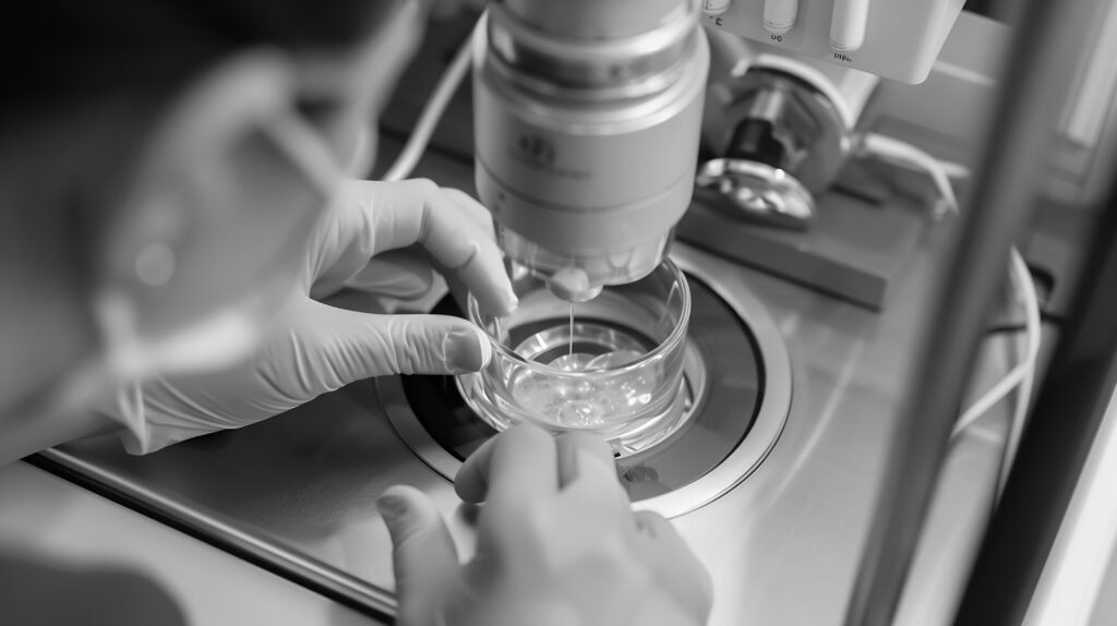 Embryologist examining embryos under microscope for embryo grading assessment