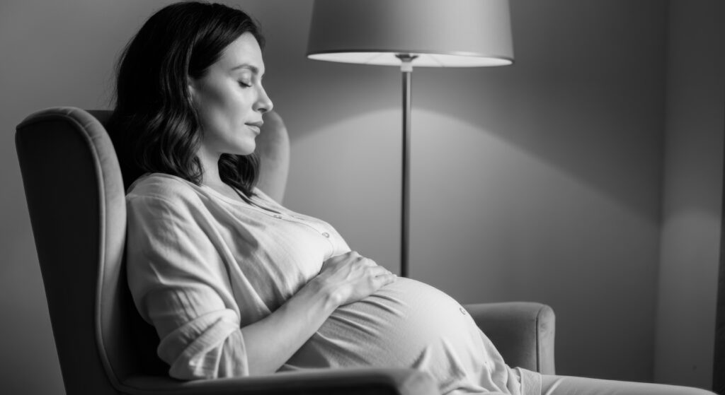 Pregnant woman relaxing in chair holding her belly
