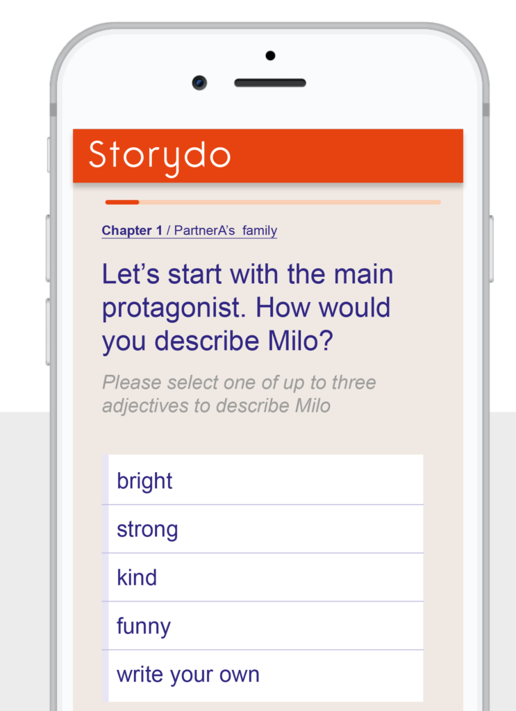 Storydo's BookBuilder interface on a smartphone, guiding the user through questions to create their personalized book