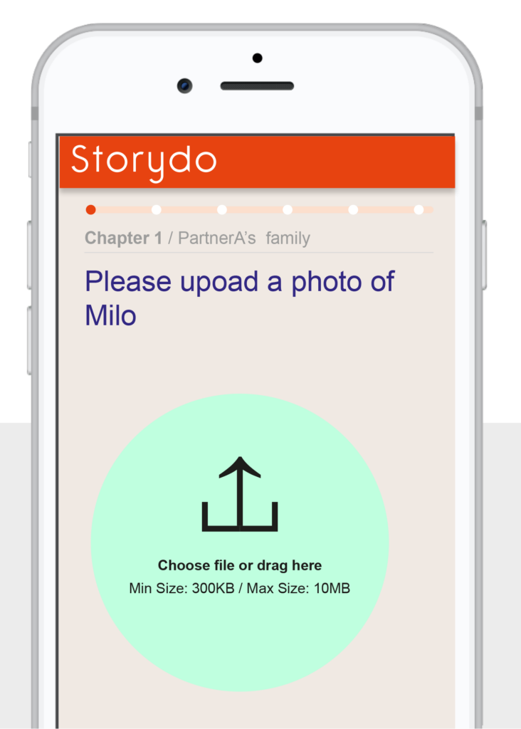 Storydo's BookBuilder interface on a smartphone, prompting the user to upload photos for their custom family book