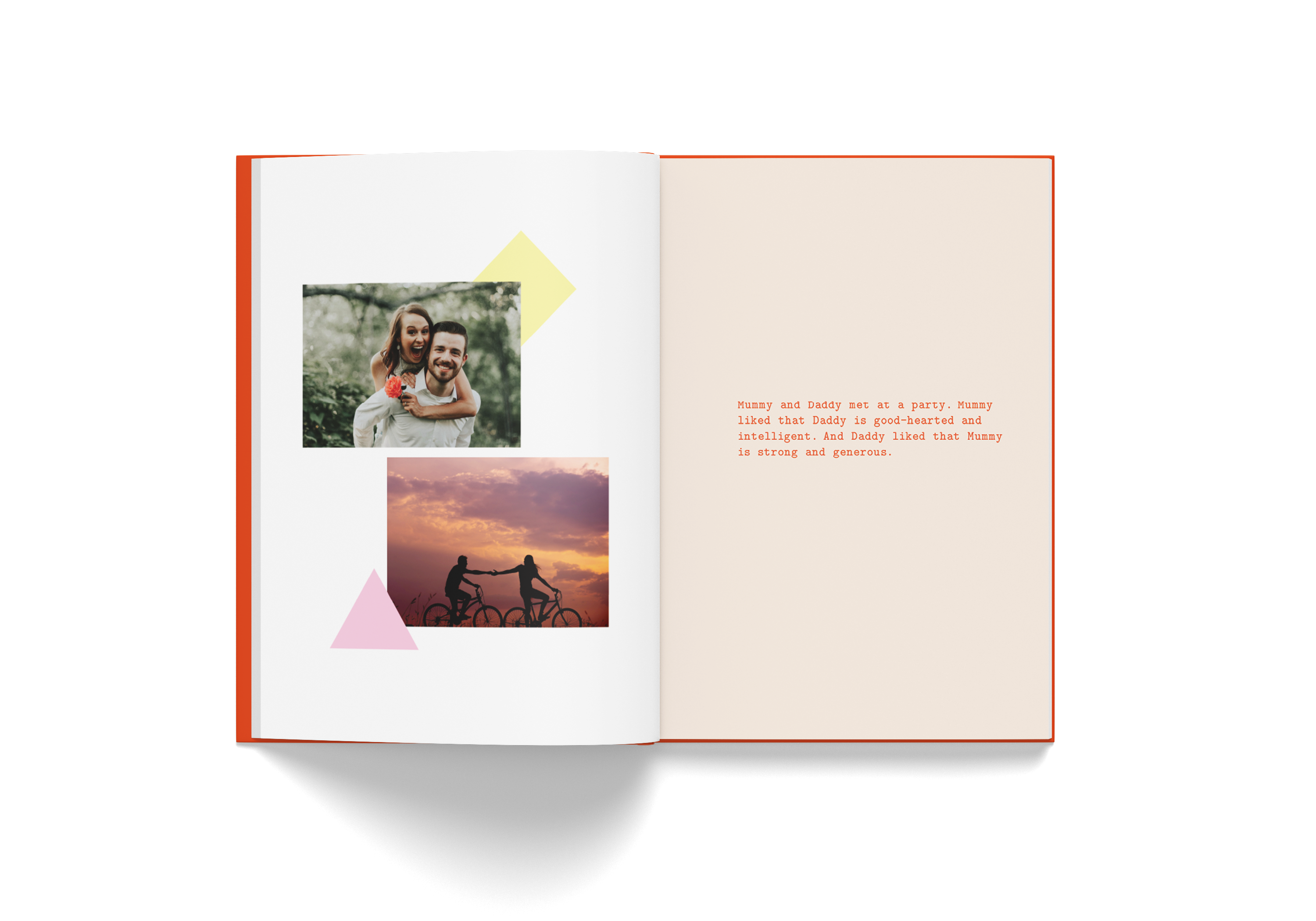 An opened Storydo book with photos and text of how a child's parents met