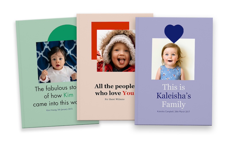 Three personalized family storybooks, illustrating how parents can capture their child's origin story