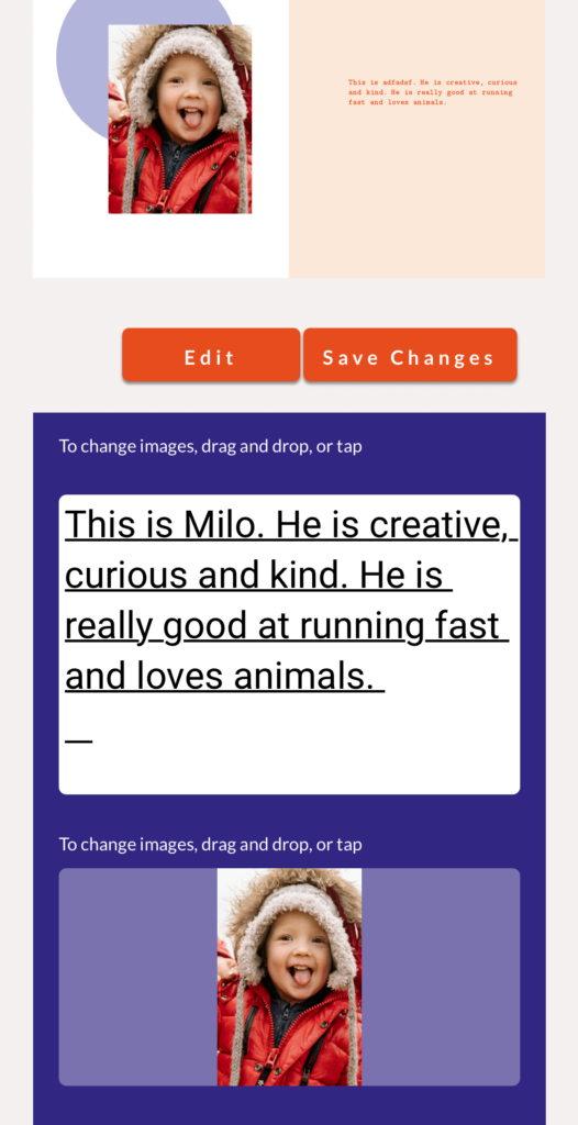 Storydo's BookBuilder interface showing a sample page of a custom book in the making