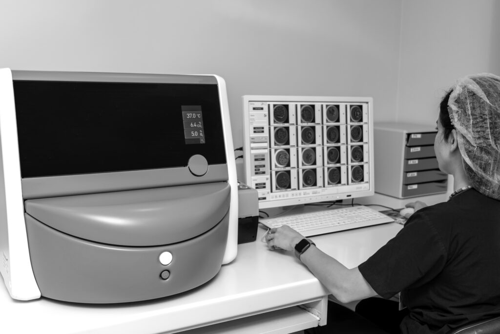 Embryologist reviewing time-lapse data, illustrating how embryos are graded using AI