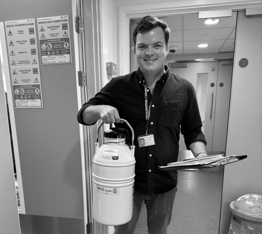 CryoLogistics courier delivering cryoshipper to fertility clinic following embryo genetic testing