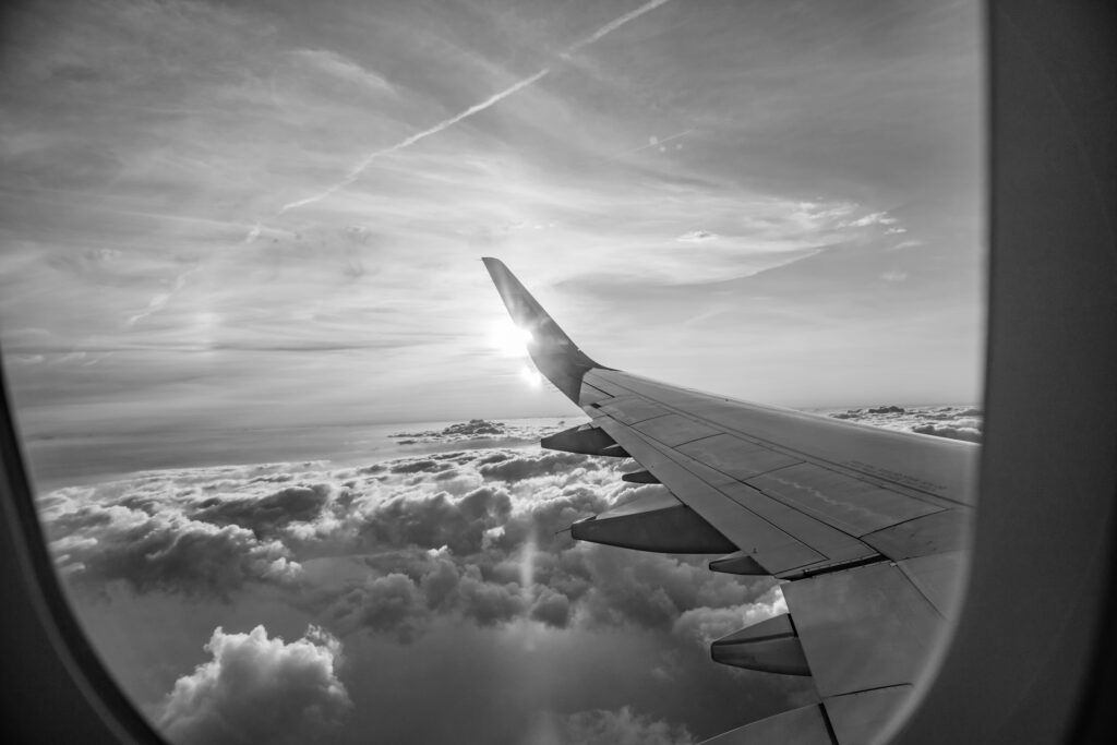 In-flight view of an airplane wing, representing safe IVF transport