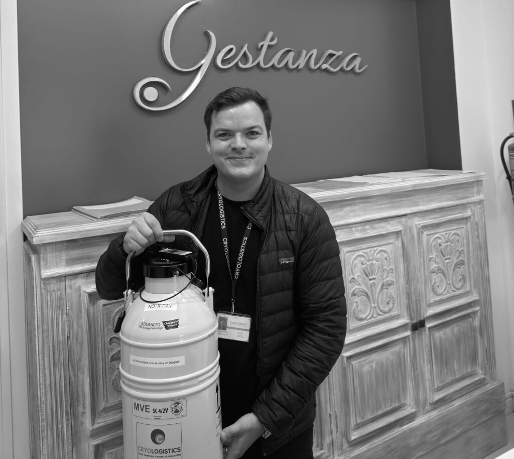 CryoLogistics courier delivering a cryoshipper with reproductive cells for IVF abroad