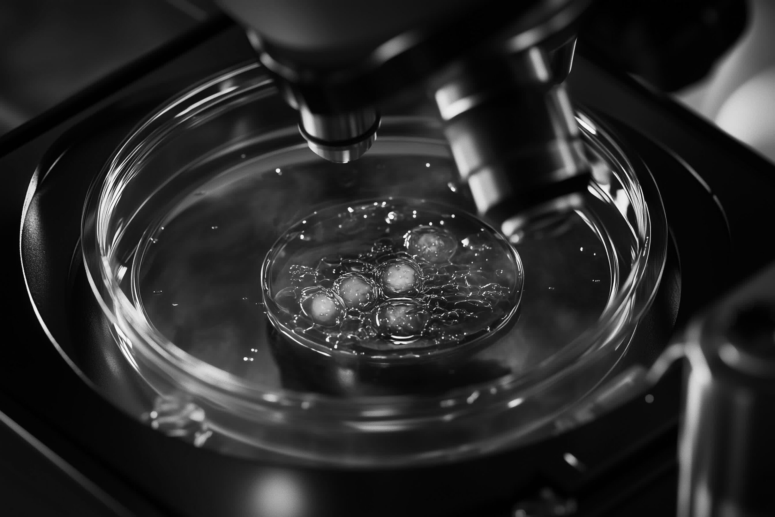 Close-up of embryos under a microscope, representing transferring embryos to another clinic for IVF
