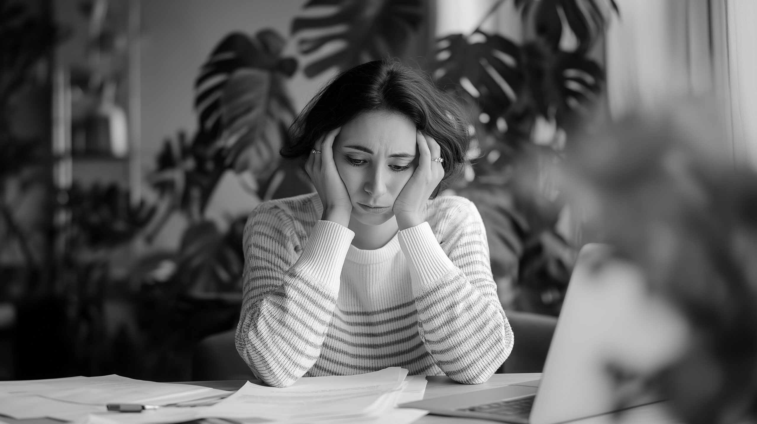 Woman looking at scattered paperwork on a table, representing the stress of fertility planning
