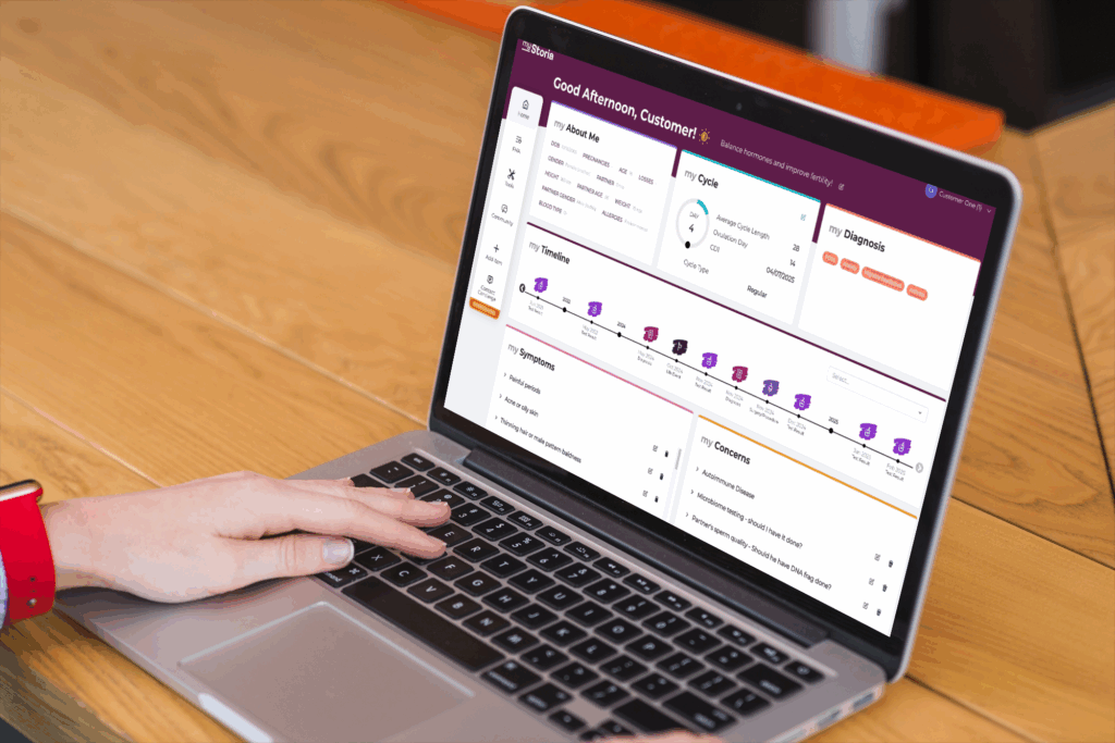 Close-up of the myStoria platform interface that helps with fertility planning