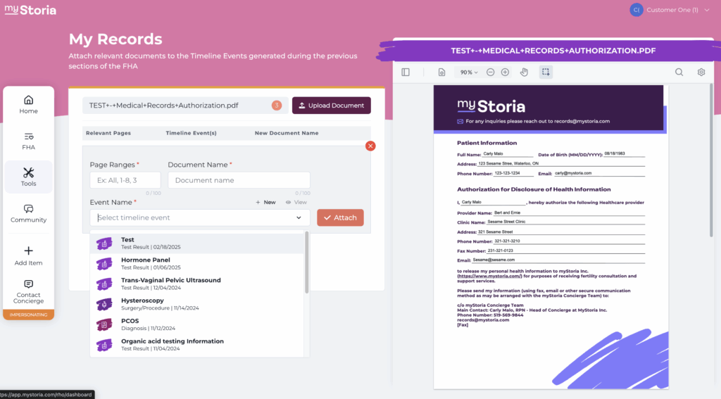 Screenshot of the myStoria medical document organizer interface