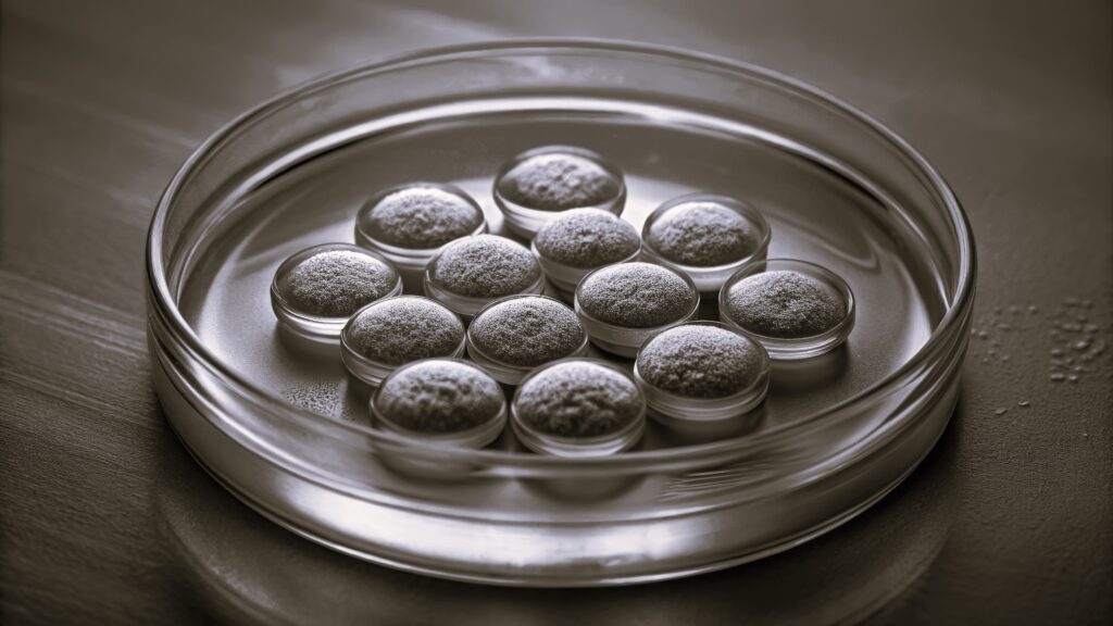 Frozen embryos in petri dish for in vitro fertilization treatment, in vitro fertilization