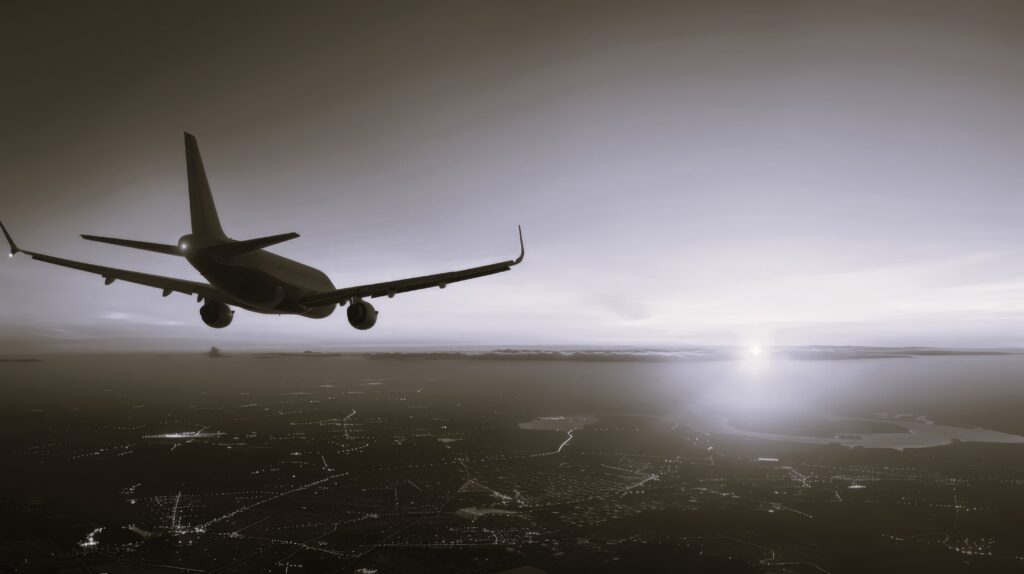 A plane is flying through the sky at sunset